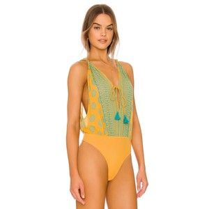 Free People Intimately Soul Of The Sun Bodysuit S Yellow Green Tassels Boho Chic